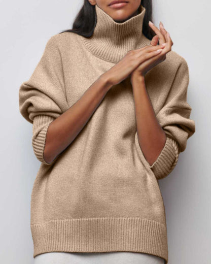 Oversized Turtleneck Poncho Sweater – Ribbed Knit Batwing Pullover