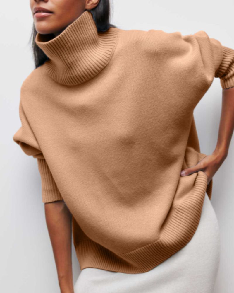 Oversized Turtleneck Poncho Sweater – Ribbed Knit Batwing Pullover