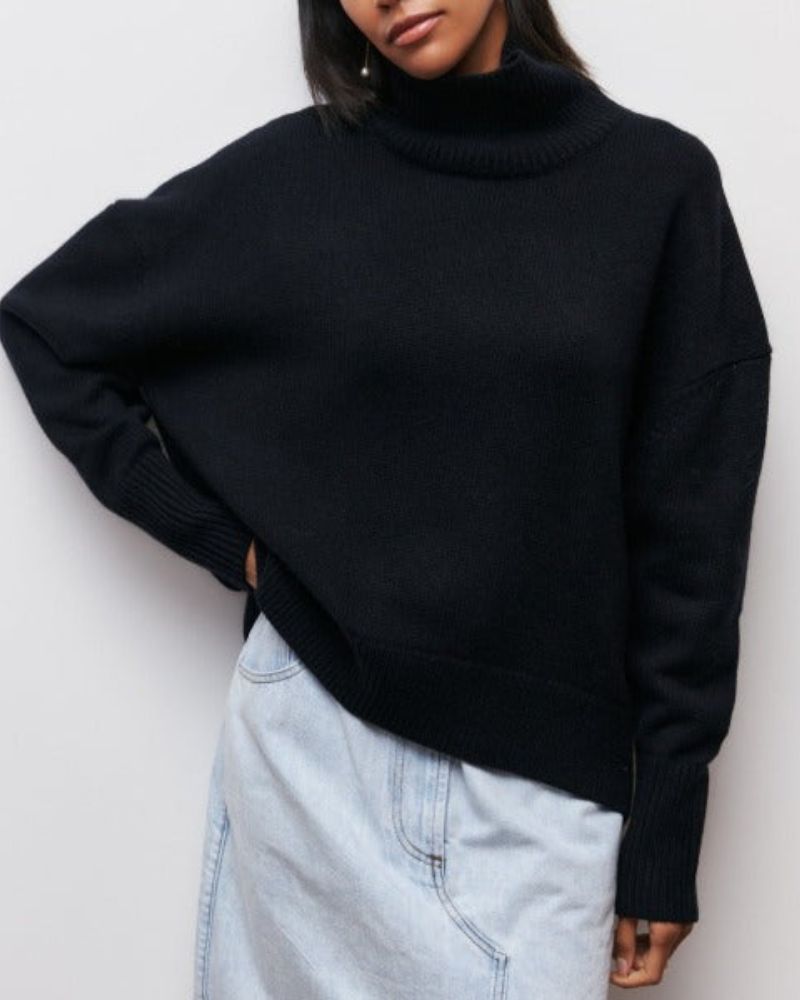 Oversized Turtleneck Poncho Sweater – Ribbed Knit Batwing Pullover