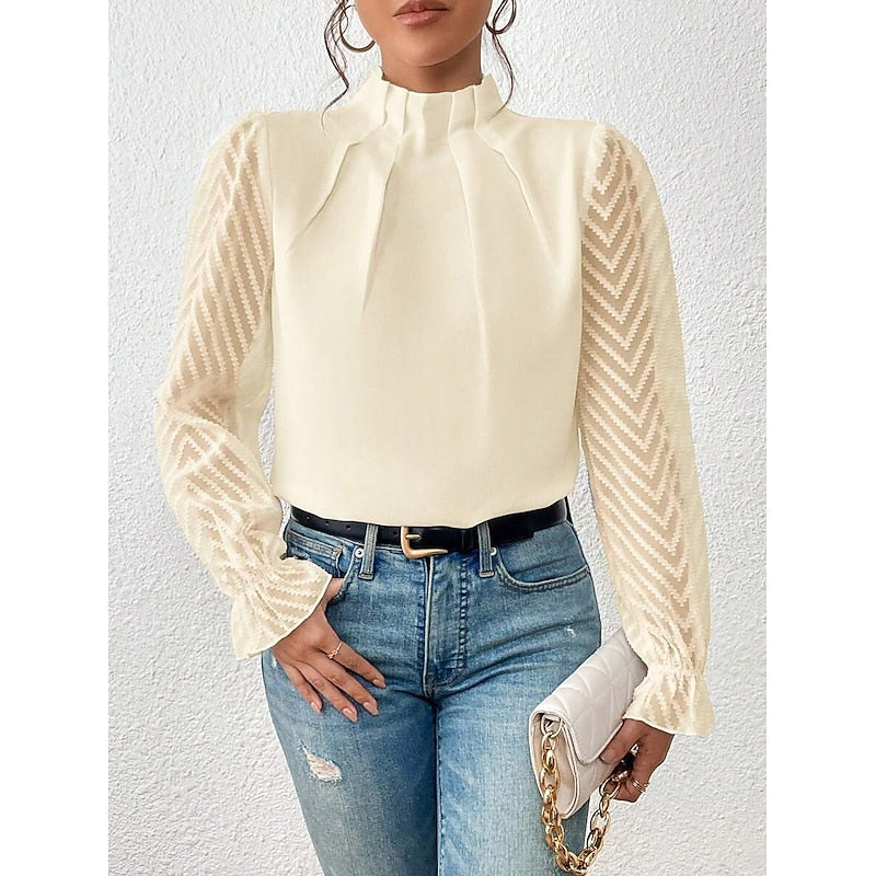 Pleated Mock Neck Blouse – Sheer Lace Sleeve Long Sleeve Top