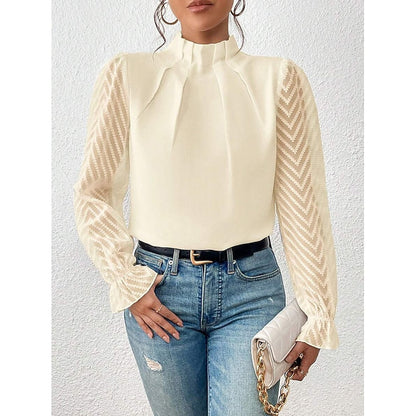 Pleated Mock Neck Blouse – Sheer Lace Sleeve Long Sleeve Top