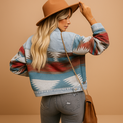 Aztec Print Denim Jacket – Western Boho Trucker Jacket