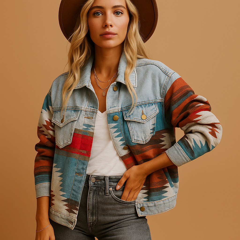 Aztec Print Denim Jacket – Western Boho Trucker Jacket