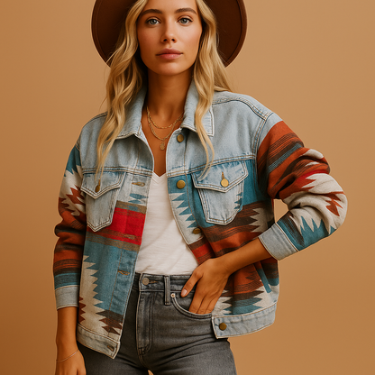 Aztec Print Denim Jacket – Western Boho Trucker Jacket