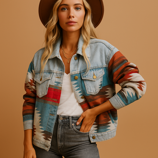 Aztec Print Denim Jacket – Western Boho Trucker Jacket