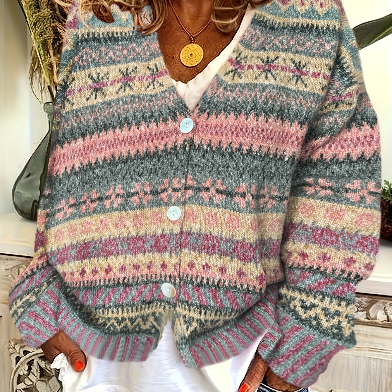 Fair Isle Knit Cardigan – Women's Button-Front V-Neck Sweater
