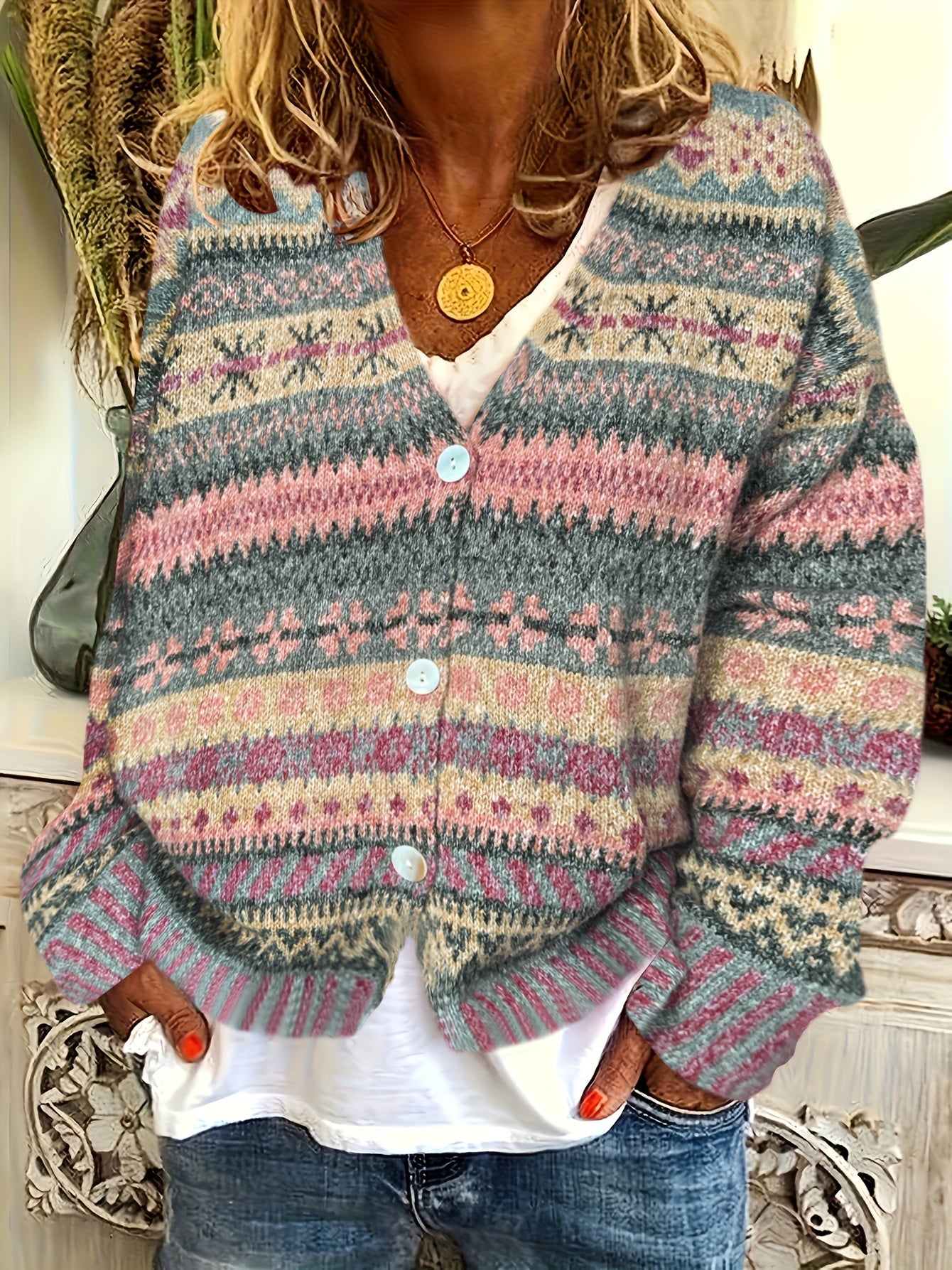 Fair Isle Knit Cardigan – Women's Button-Front V-Neck Sweater