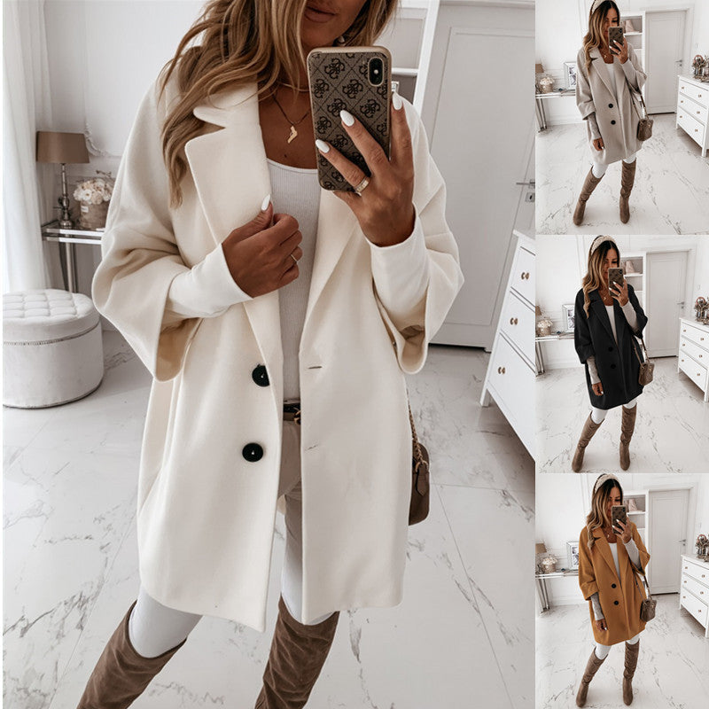 Oversized Lapel Coat Women – Double Button Cotton Midi