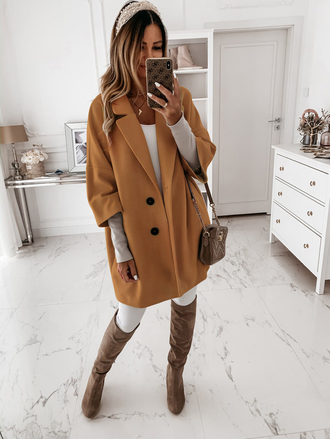 Oversized Lapel Coat Women – Double Button Cotton Midi