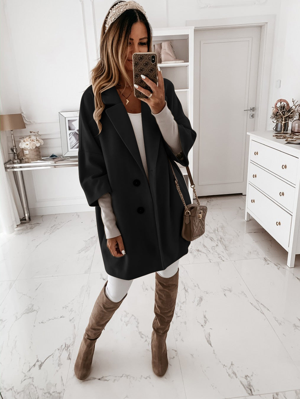 Oversized Lapel Coat Women – Double Button Cotton Midi