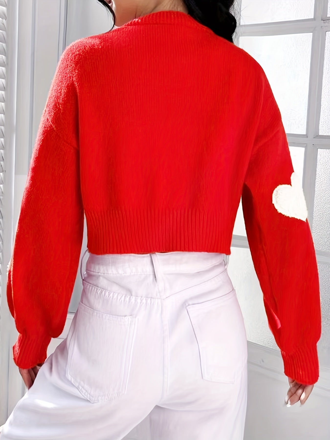 Heart Print Crop Cardigan – Red Knit Open Front Long Sleeve