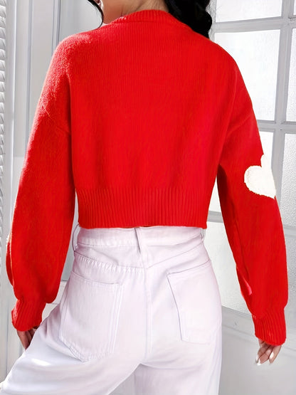 Heart Print Crop Cardigan – Red Knit Open Front Long Sleeve