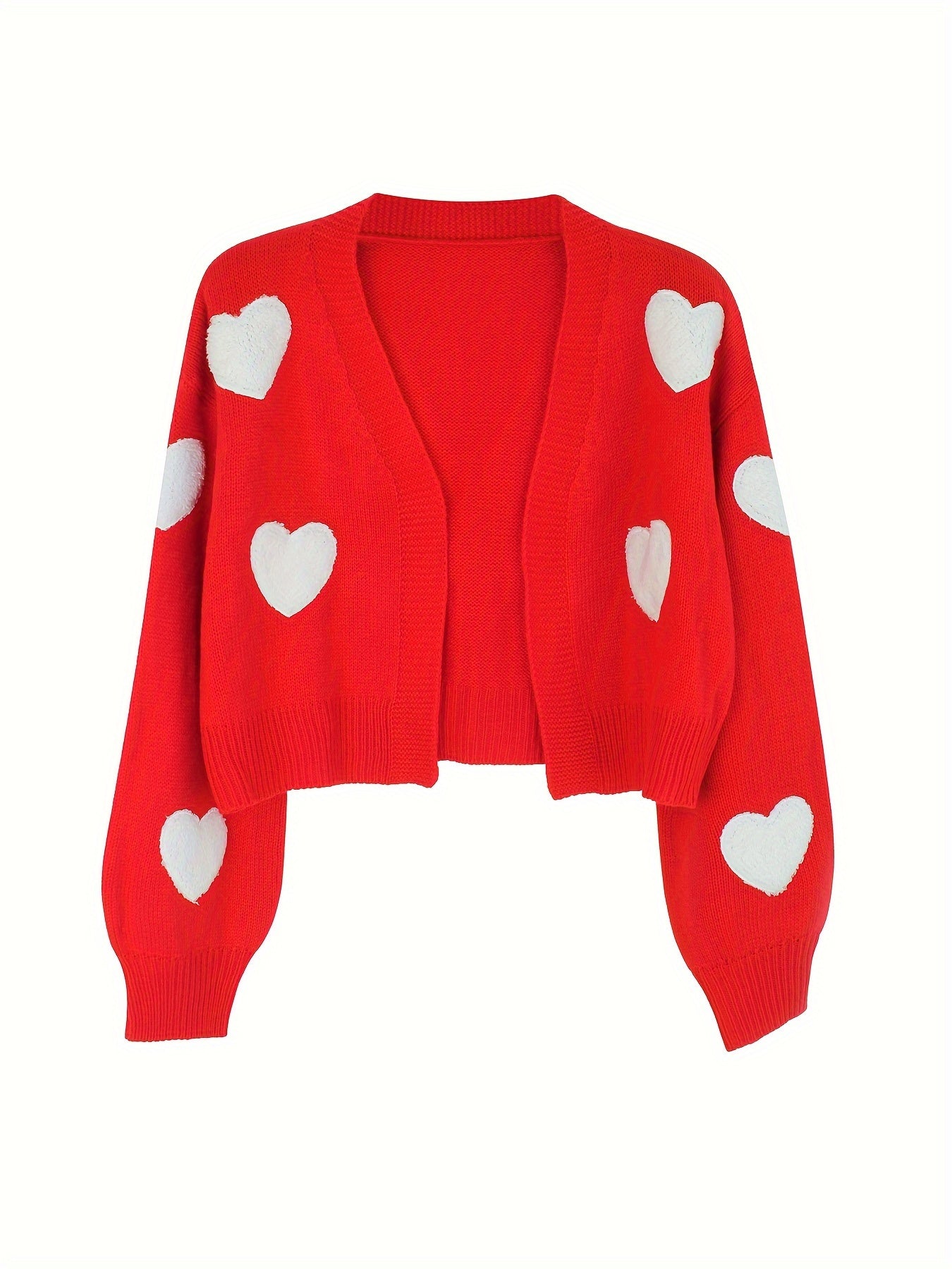 Heart Print Crop Cardigan – Red Knit Open Front Long Sleeve