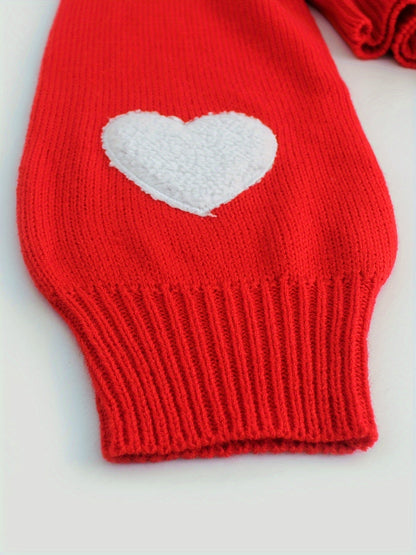 Heart Print Crop Cardigan – Red Knit Open Front Long Sleeve