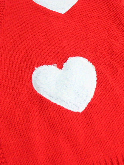 Heart Print Crop Cardigan – Red Knit Open Front Long Sleeve