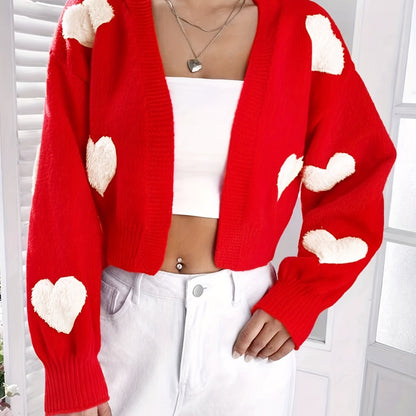 Heart Print Crop Cardigan – Red Knit Open Front Long Sleeve