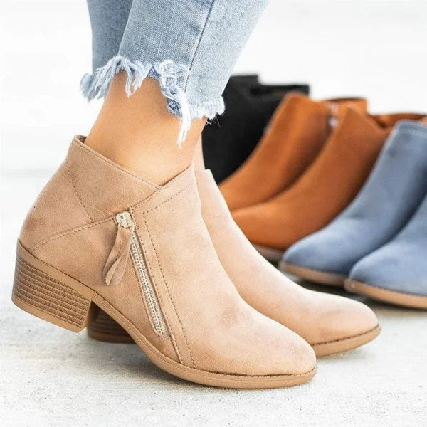 Suede Block Heel Ankle Boots – Side Zip Booties for Women