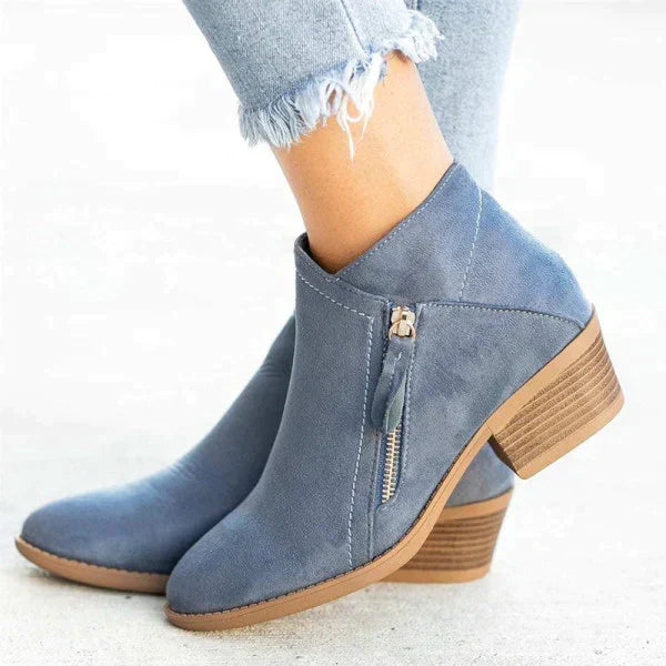 Suede Block Heel Ankle Boots – Side Zip Booties for Women