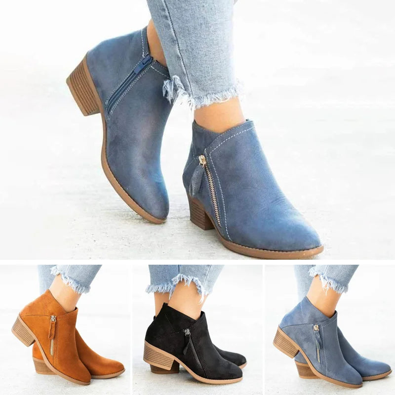 Suede Block Heel Ankle Boots – Side Zip Booties for Women