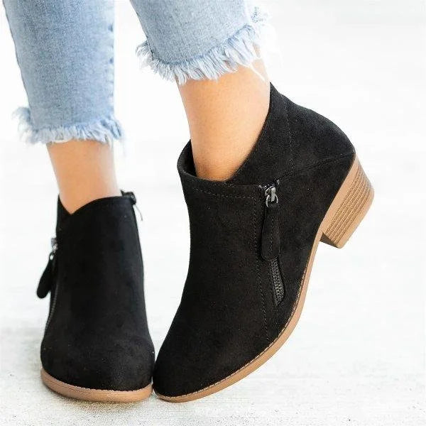 Suede Block Heel Ankle Boots – Side Zip Booties for Women