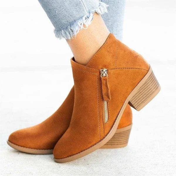 Suede Block Heel Ankle Boots – Side Zip Booties for Women