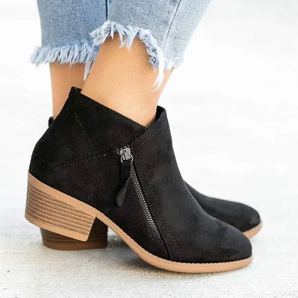 Suede Block Heel Ankle Boots – Side Zip Booties for Women