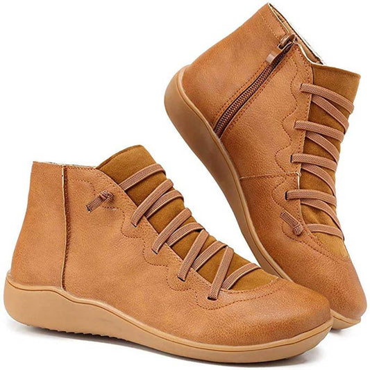 Leather Lace-Up Ankle Boots – Flat Side-Zip Booties