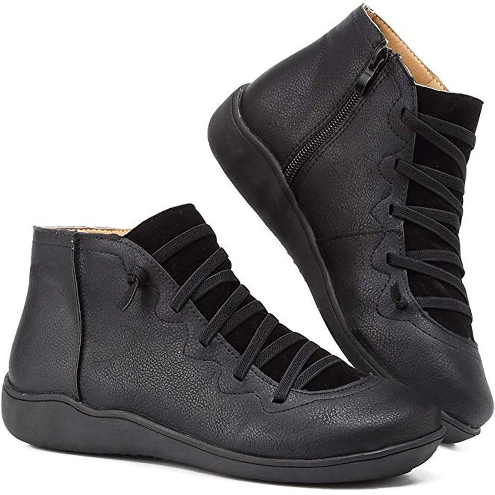 Leather Lace-Up Ankle Boots – Flat Side-Zip Booties