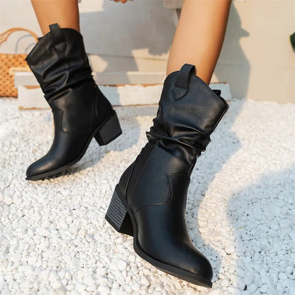 Western Slouch Mid-Calf Boots – Block Heel Pull-On Style