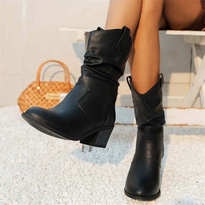 Western Slouch Mid-Calf Boots – Block Heel Pull-On Style