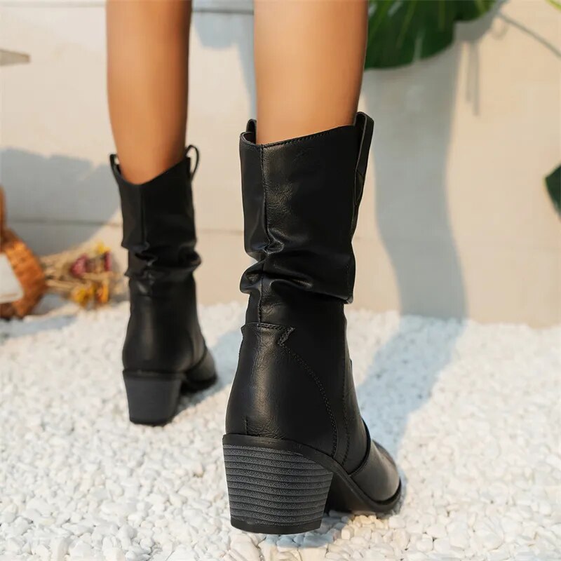 Western Slouch Mid-Calf Boots – Block Heel Pull-On Style
