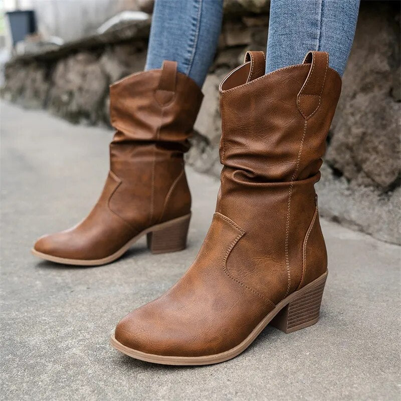 Western Slouch Mid-Calf Boots – Block Heel Pull-On Style