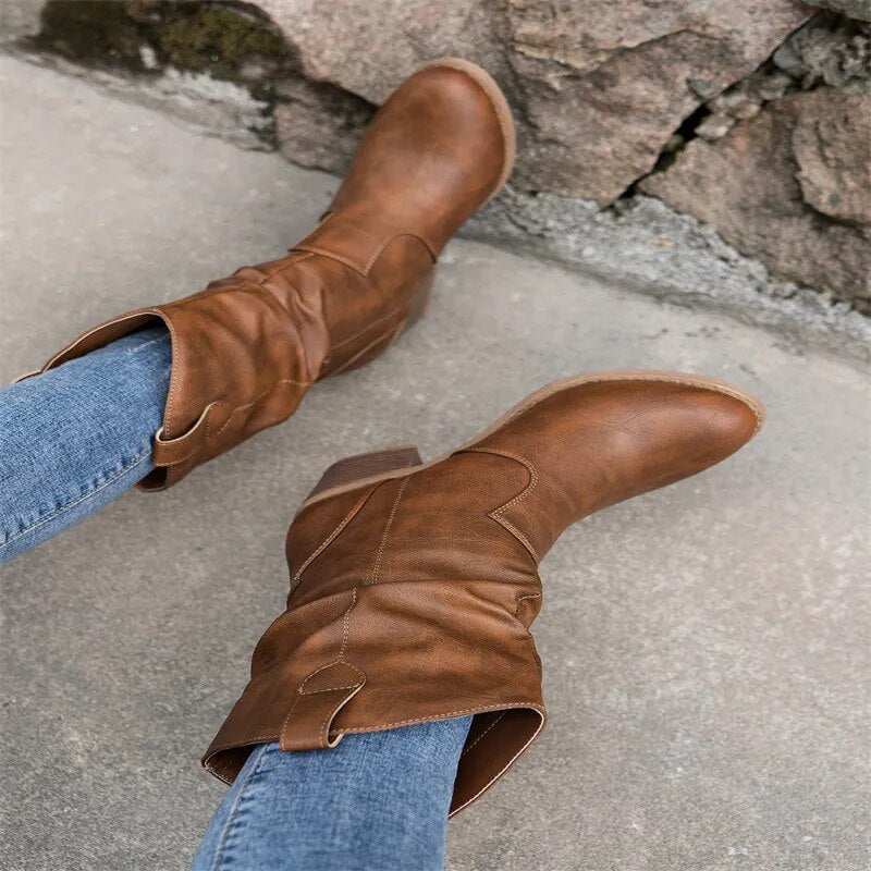 Western Slouch Mid-Calf Boots – Block Heel Pull-On Style