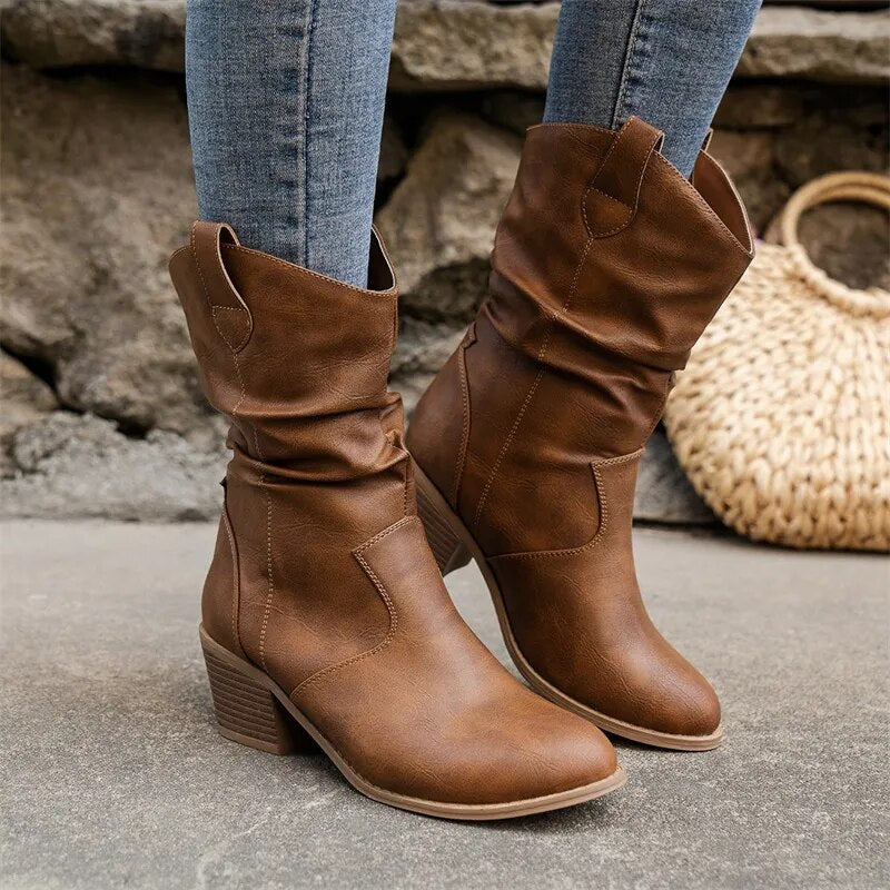 Western Slouch Mid-Calf Boots – Block Heel Pull-On Style