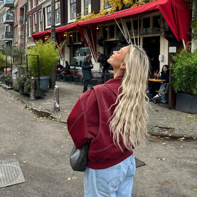 Oversized Faux Leather Bomber Jacket – Red Contrast Stitch Zip-Up