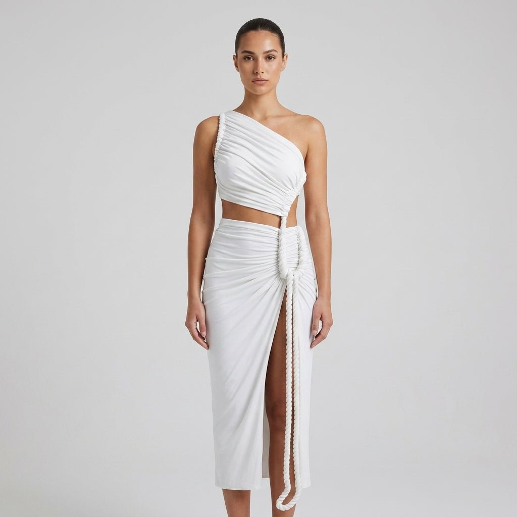 One Shoulder Ruched Maxi Dress – Cutout Waist Rope-Detail Jersey