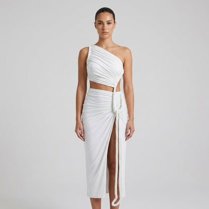One Shoulder Ruched Maxi Dress – Cutout Waist Rope-Detail Jersey