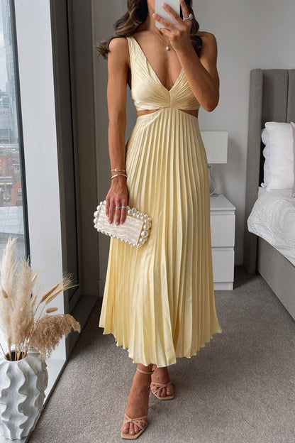 Women's Pleated Maxi Dress – Sleeveless V-Neck Cutout Waist Dress