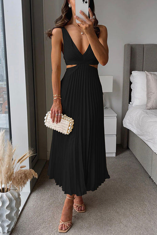 Women's Pleated Maxi Dress – Sleeveless V-Neck Cutout Waist Dress
