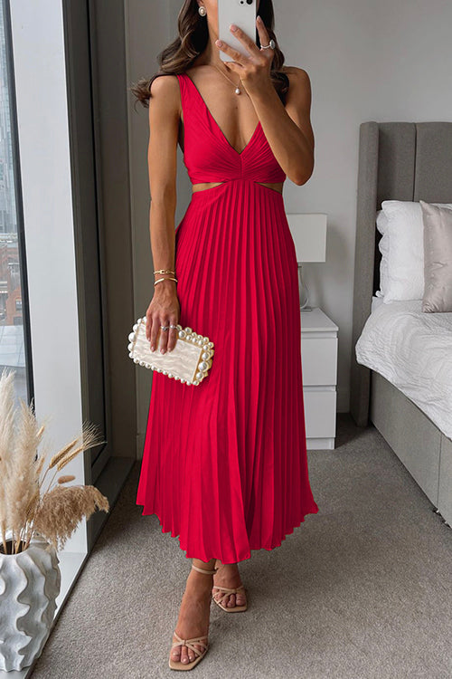 Women's Pleated Maxi Dress – Sleeveless V-Neck Cutout Waist Dress