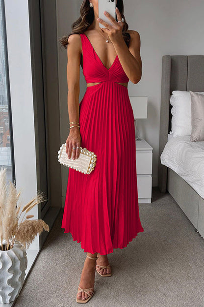 Women's Pleated Maxi Dress – Sleeveless V-Neck Cutout Waist Dress