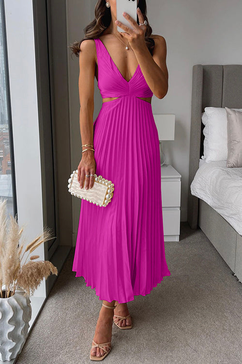 Women's Pleated Maxi Dress – Sleeveless V-Neck Cutout Waist Dress