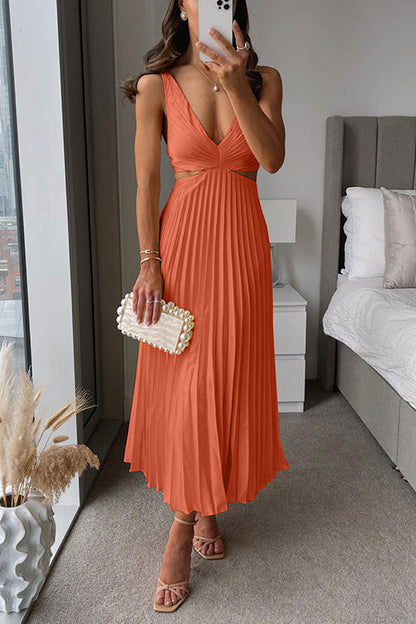 Women's Pleated Maxi Dress – Sleeveless V-Neck Cutout Waist Dress