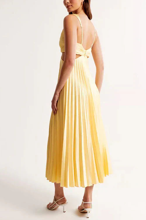 Women's Pleated Maxi Dress – Sleeveless V-Neck Cutout Waist Dress
