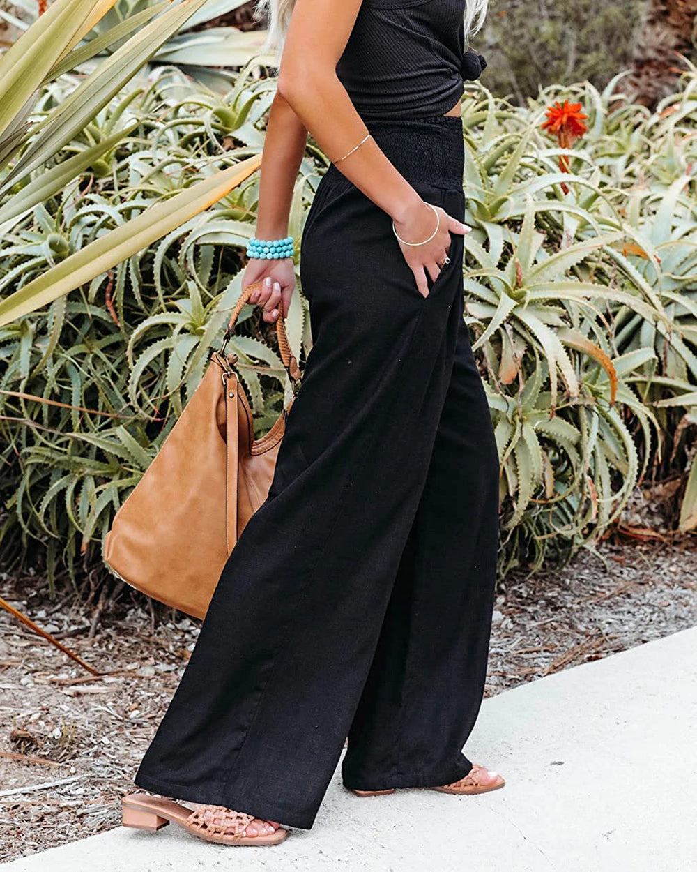 Linen Wide-Leg Pants – Smocked High Waist Pleated Summer Trousers
