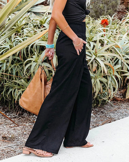 Linen Wide-Leg Pants – Smocked High Waist Pleated Summer Trousers