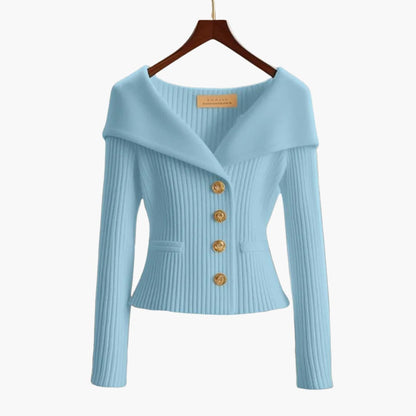 Off-Shoulder Ribbed Knit Cardigan – Button-Front Cropped Top