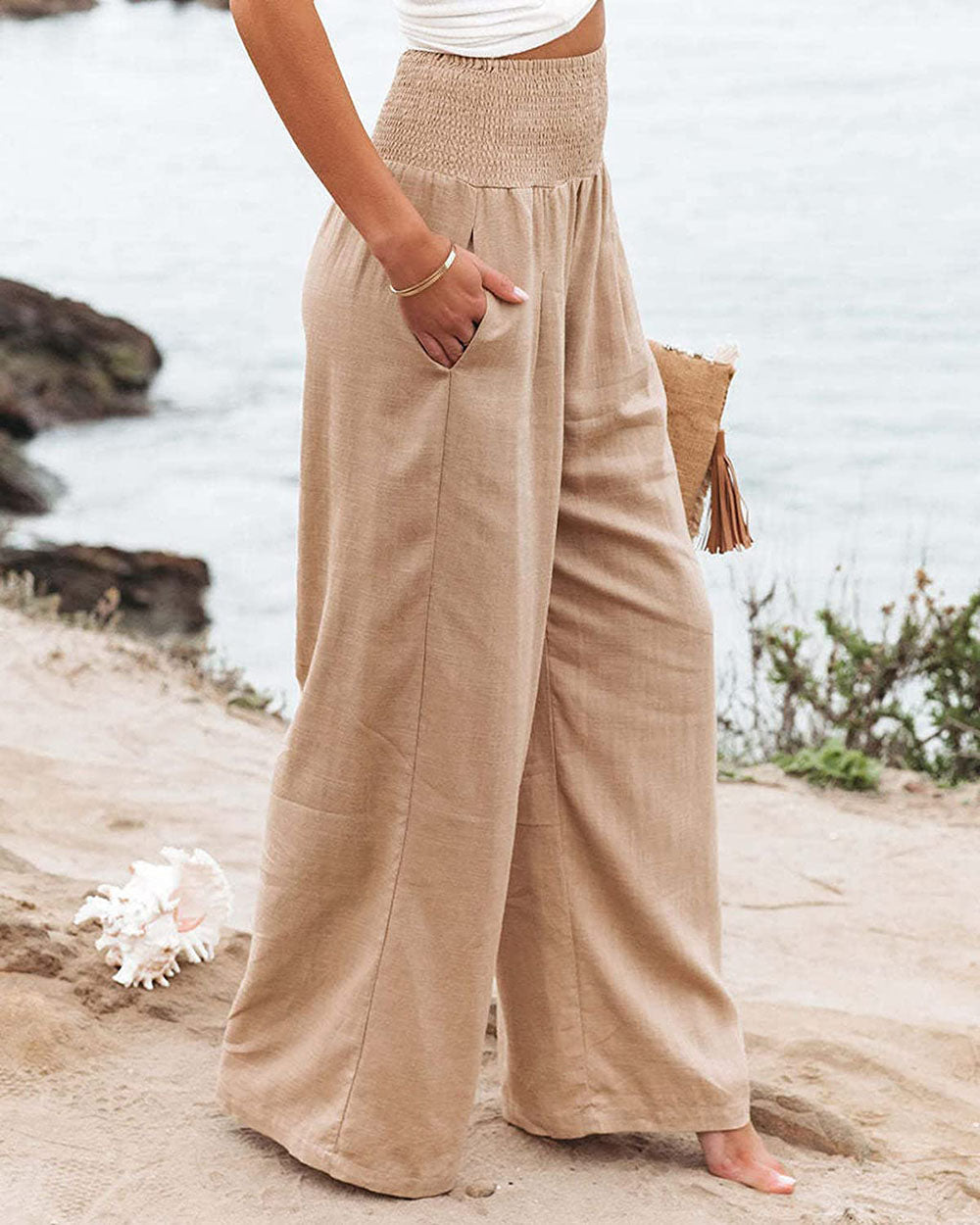 Linen Wide-Leg Pants – Smocked High Waist Pleated Summer Trousers