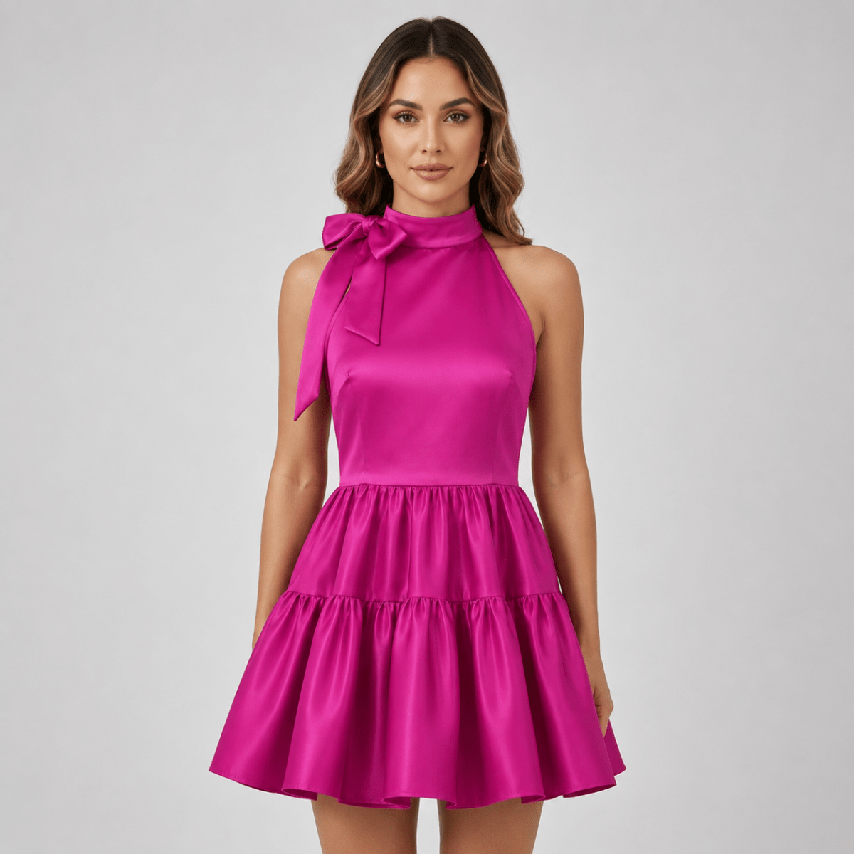 Satin Halter Mini Dress – Tiered Skirt Bow Back A-Line