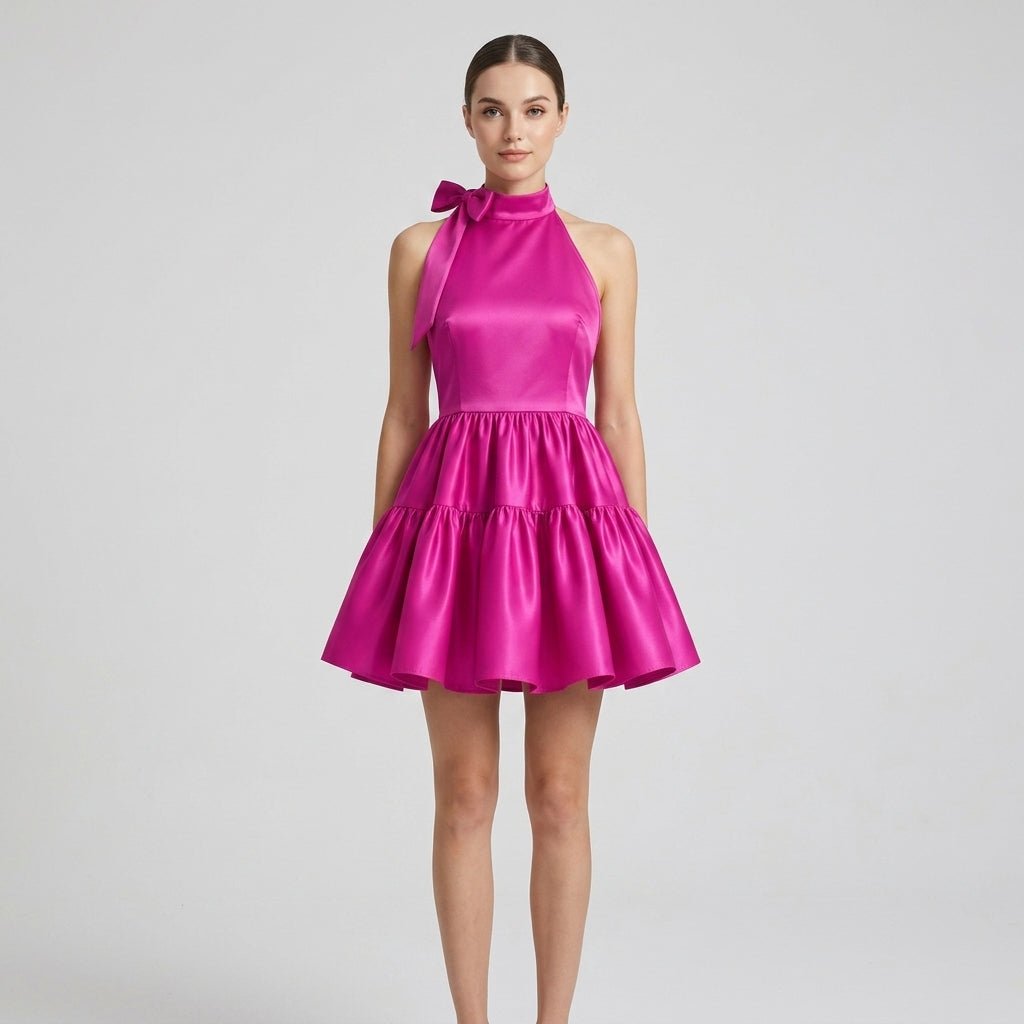 Satin Halter Mini Dress – Tiered Skirt Bow Back A-Line